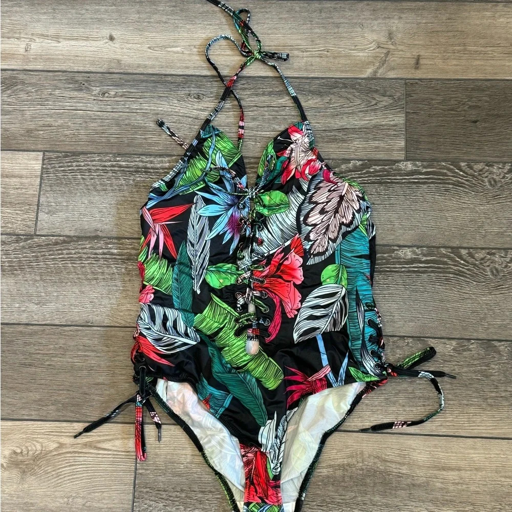NWT Women Black Floral Deep V Neck Halter Plunging Backless One Piece Swimsuit - Picture 5 of 10